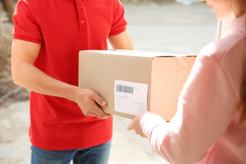 Woman receiving parcel from delivery man