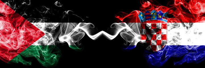 Palestine vs Croatia, Croatian smoky mystic flags placed side by side. Thick colored silky smokes...
