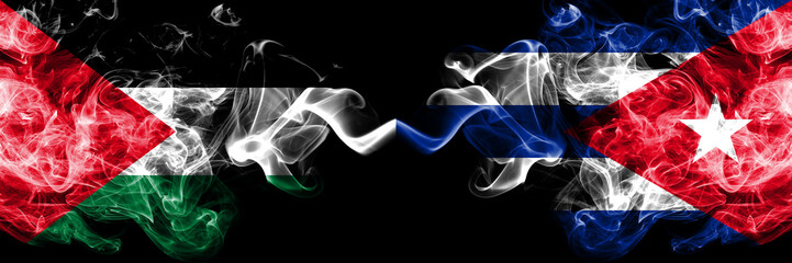 Palestine vs Cuba, Cuban smoky mystic flags placed side by side. Thick colored silky smokes flag of Palestinians and Cuba, Cuban