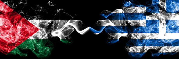 Palestine vs Greece, Greek smoky mystic flags placed side by side. Thick colored silky smokes flag of Palestinians and Greece, Greek
