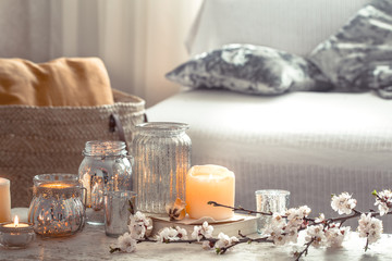 home still life with candles and vase in the living room