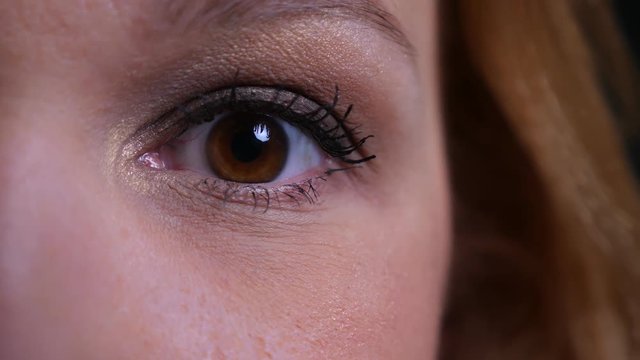 Closeup half face portrait of adult attractive caucasian womans eye looking straight at camera