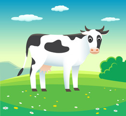 Rural landscape with cow in meadow, vector - background illustration for dairy products