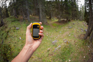 a trekker using a gps inside the forest