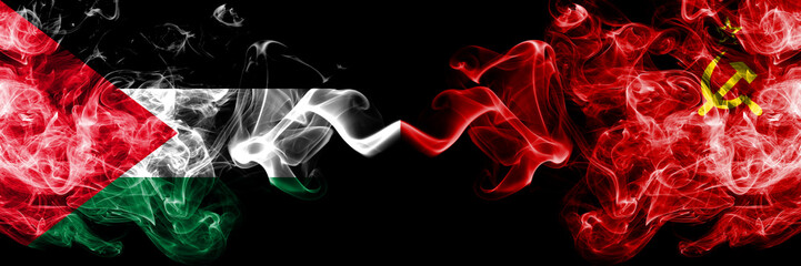 Palestine vs USSR, Communist smoky mystic flags placed side by side. Thick colored silky smokes flag of Palestinians and USSR, Communist