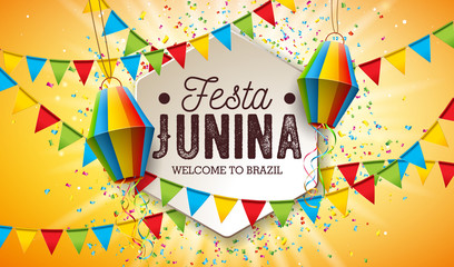 Festa Junina Illustration with Party Flags and Paper Lantern on Yellow Background. Vector Brazil June Festival Design for Greeting Card, Invitation or Holiday Poster. - obrazy, fototapety, plakaty