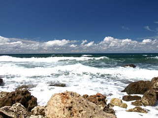 The peninsula of Crimea and Black sea. Emerald and pearl color of Black sea waves. The wild coast...