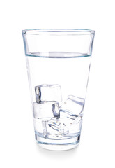 Glass of fresh water with ice cubes on white background