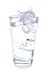 Glass of fresh water with splash on white background