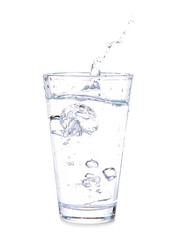 Glass of fresh water with splash on white background