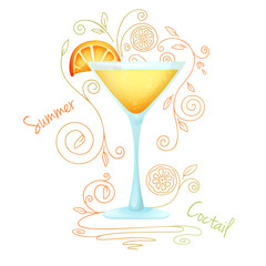 Realistic cocktail on a white background with a doodle, pattern. Vector