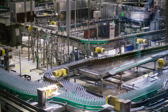 Modern automated beer bottling production line. Beer bottles moving on conveyor