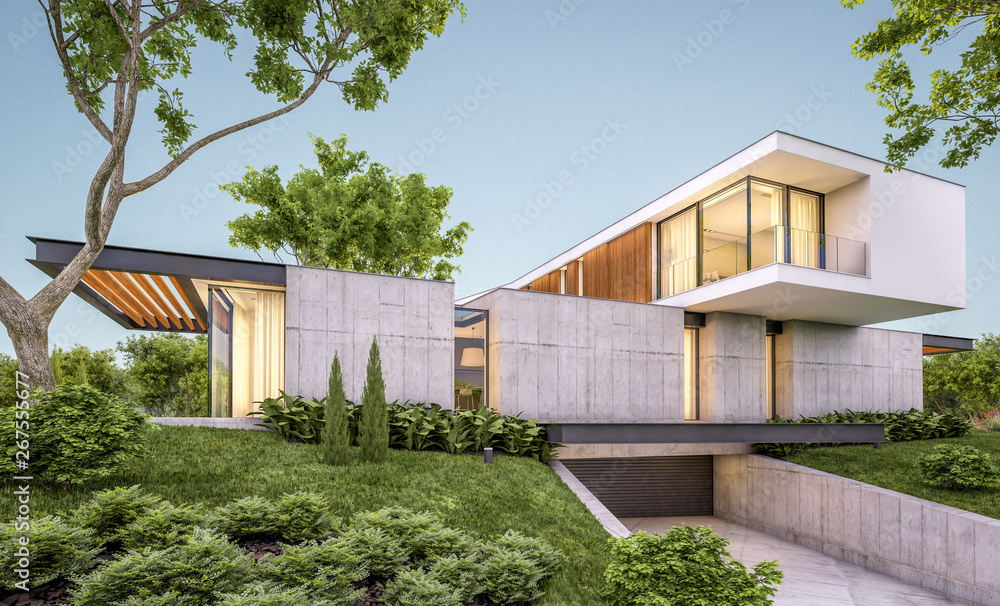 Wall mural 3d rendering of modern cozy house on the hill with garage and pool for sale or rent with beautiful l