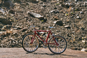Fototapeta na wymiar red metal toy bike on the lake with clear water on a clear sunny day in summer while traveling