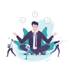 Businessman sitting on the table in lotus pose during deadline