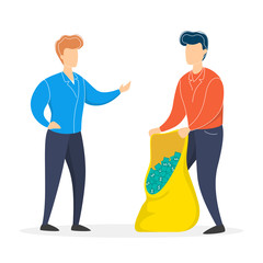 Happy man standing with a bag full of paper money