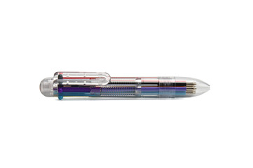 Pen writing in several colors on a white background.Fountain pen