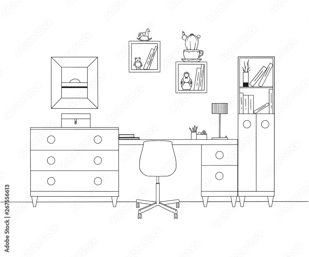 Poster sketch the room. office chair, desk, various objects on the table. sketch workspace. vector