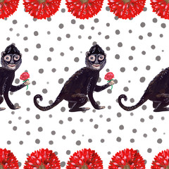 Bezszwowe gwasz czarny wzór frida małpa z czerwonymi kwiatami - 267556833
