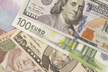 dollars, euro and hryvnia closeup