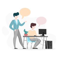 Two person talking on the office. Woman sitting