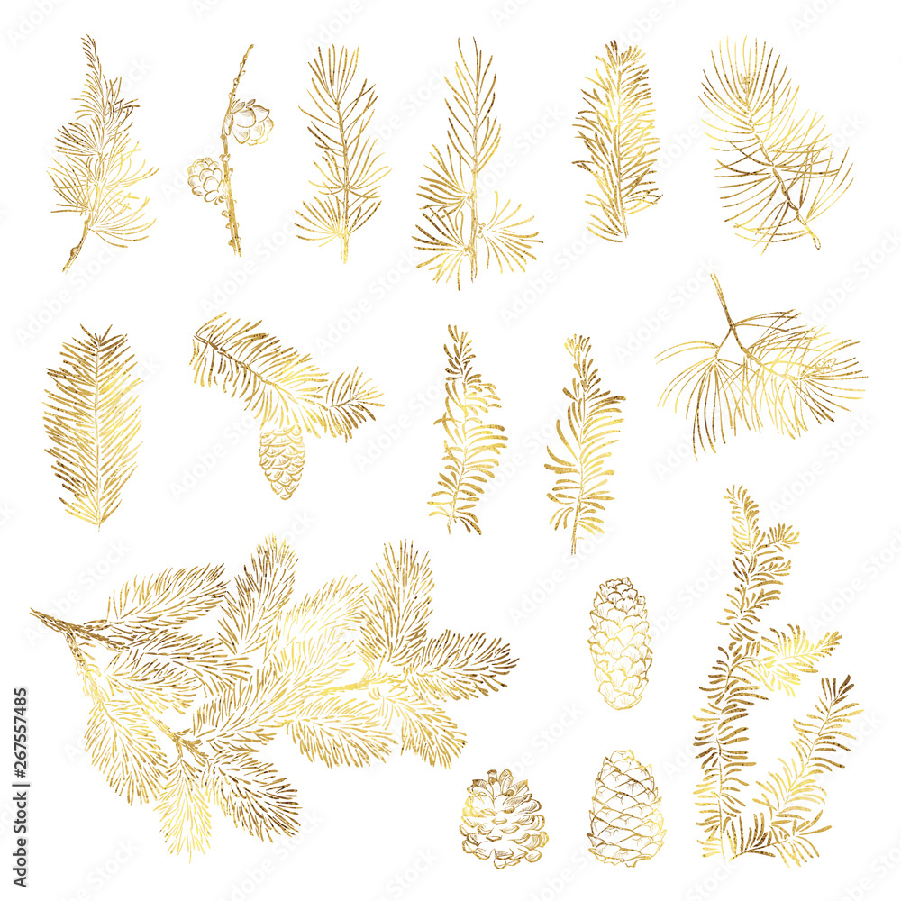 Sticker set vector christmas golden branch and bumps with foil texture on white background - Stickers