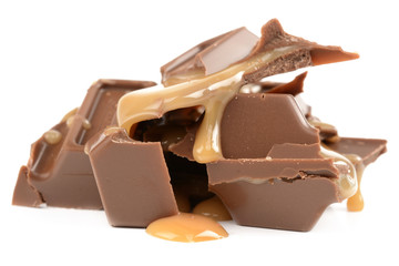 Chocolate with caramel on a white background