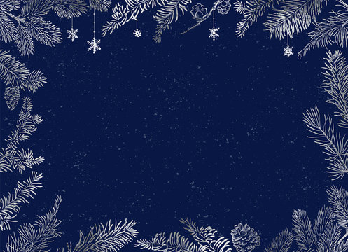 Christmas Poster - Illustration. Vector illustration of Christmas blue Background with silver branches of christmas tree.