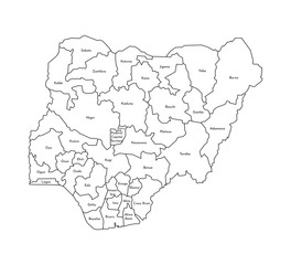 Vector isolated illustration of simplified administrative map of Nigeria. Borders and names of the regions. Black line silhouettes