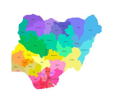 Vector isolated illustration of simplified administrative map of Nigeria. Borders and names of the regions. Multi colored silhouettes