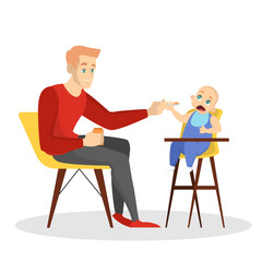 Father feed his baby son sitting on the chair