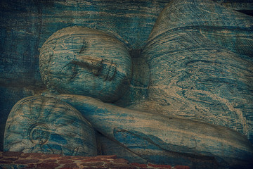 HDR Closeup Stone Sleeping Statue of Lord Buddha in Gal Viharaya, Polonnaruwa Sri Lanka