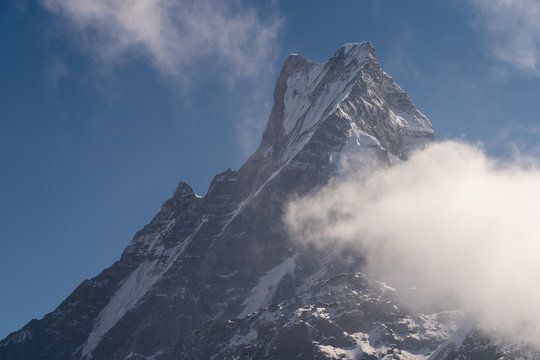 Machapuchare mountain peak, secred mountain in Annapurna range in Pokhara, Nepal