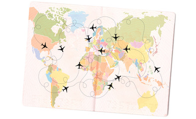 Silhouette of a passenger plane with dashed path lines in the Passport. World map, Travel concept