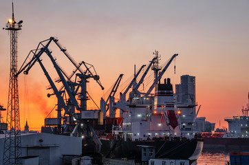 Fototapeta premium Freight international sea port with cargo ship. Port cranes. Global shipping, delivery and water logistics