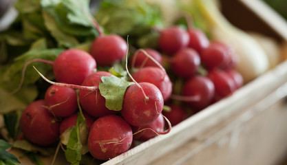 radish in wicker baskets on the counter of market