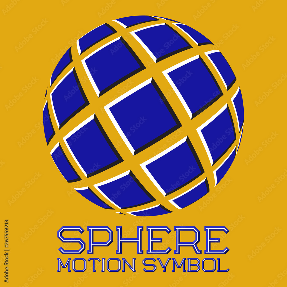 Poster abstract logo symbol in motion sphere shape on yellow background. blue emblem with moving squares.
