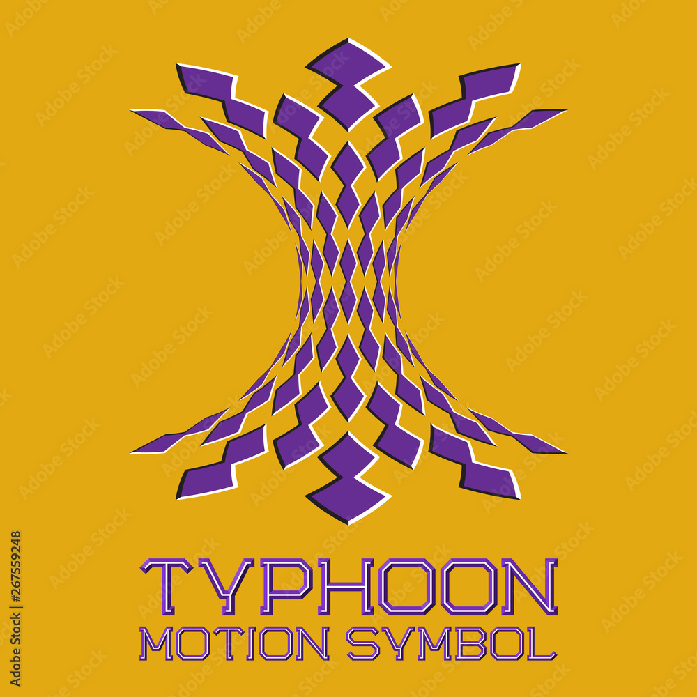Poster abstract logo symbol in motion typhoon shape on yellow background. purple emblem with moving blocks.