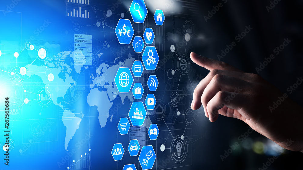 Poster business intelligence, data analysis dashboard with icons charts and diagram on virtual screen.