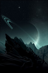 space landscape, rocky alien planet with planet on night sky, science fiction spatial illustration with 3d elements (no NASA images used) © andreiuc88