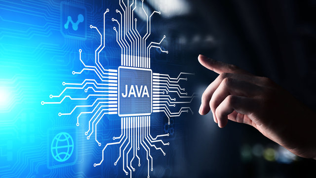 Java programming language application and web development concept on virtual screen.