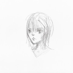 sketch of head of girl with disheveled hair