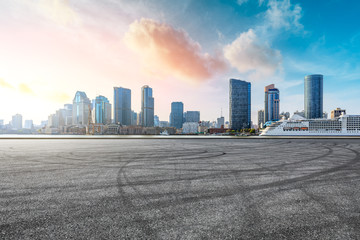 Empty race track and modern city skyline in Shanghai