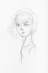 sketch of girl with hair fluttering in wind