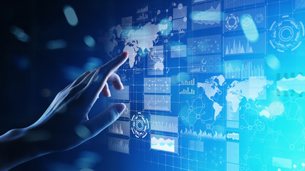 Business intelligence dashboard with graph and icons. Big data. Trading and investment. Modern technology concept on virtual screen.