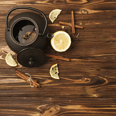 Obraz na płótnie Canvas Top view composition for tea concept
