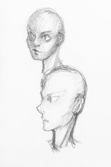 sketches of bald heads of skinny teenagers