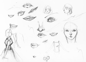 sketches of girls and detail of faces by pencil