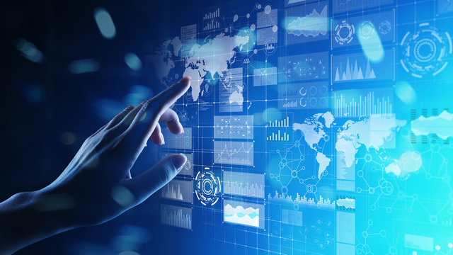 Business intelligence dashboard with graph and icons. Big data. Trading and investment. Modern technology concept on virtual screen.