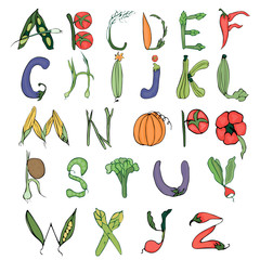 Colored alphabet made up of different vegetables on a beige background in vintage style
